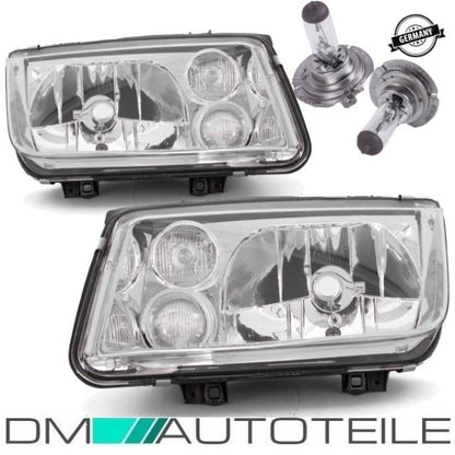 Scheinwerfer SET Klarglas Chrom H4/H3 mit Nebel + H4 Birnen passt für VW Bora 1J