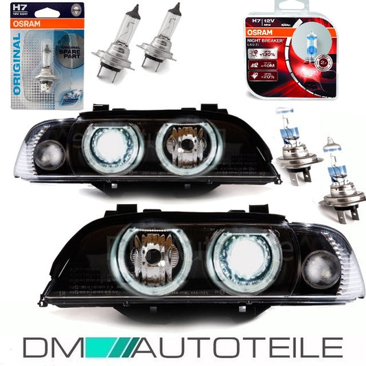 H7/H7 Angel Eyes Scheinwerfer Set Schwarz 95-03 + Osram Birnen passt für BMW E39