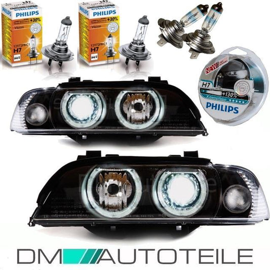 Set Angel Eyes Scheinwerfer Schwarz H7/H7 95-00 Facelift Optik passt für BMW E39 + 4x H7 Philips Birnen