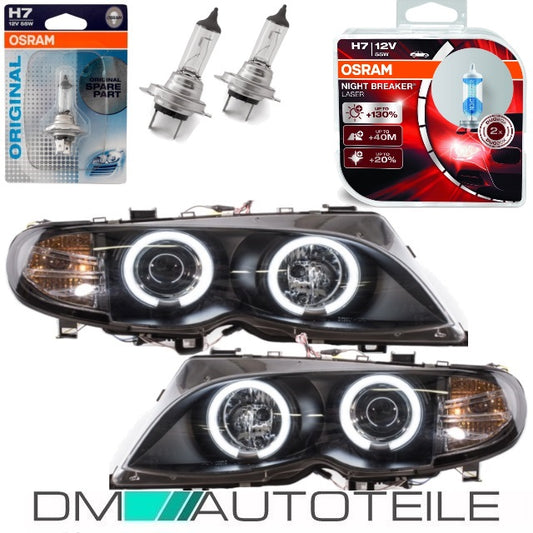 CCFL Angel Eyes Scheinwerfer Schwarz H7/H7 Bj 01-05+4x H7 Osram Birnen passt für Set BMW E46 Limousine Touring