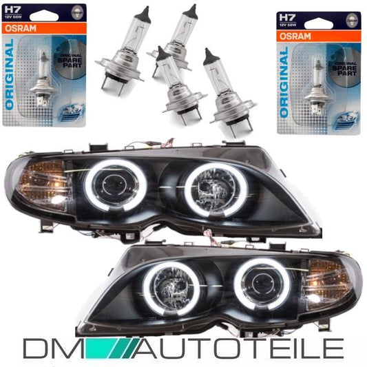 Set Limousine Touring CCFL Angel Eyes Scheinwerfer Schwarz H7/H7 passend für BMW E46 Bj 01-05+ 4x H7 Osram Birnen