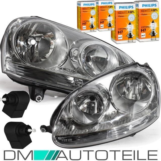 Scheinwerfer Links Rechts Chrom H7/H7 + 4x Philips Birnen passt für VW Golf 5