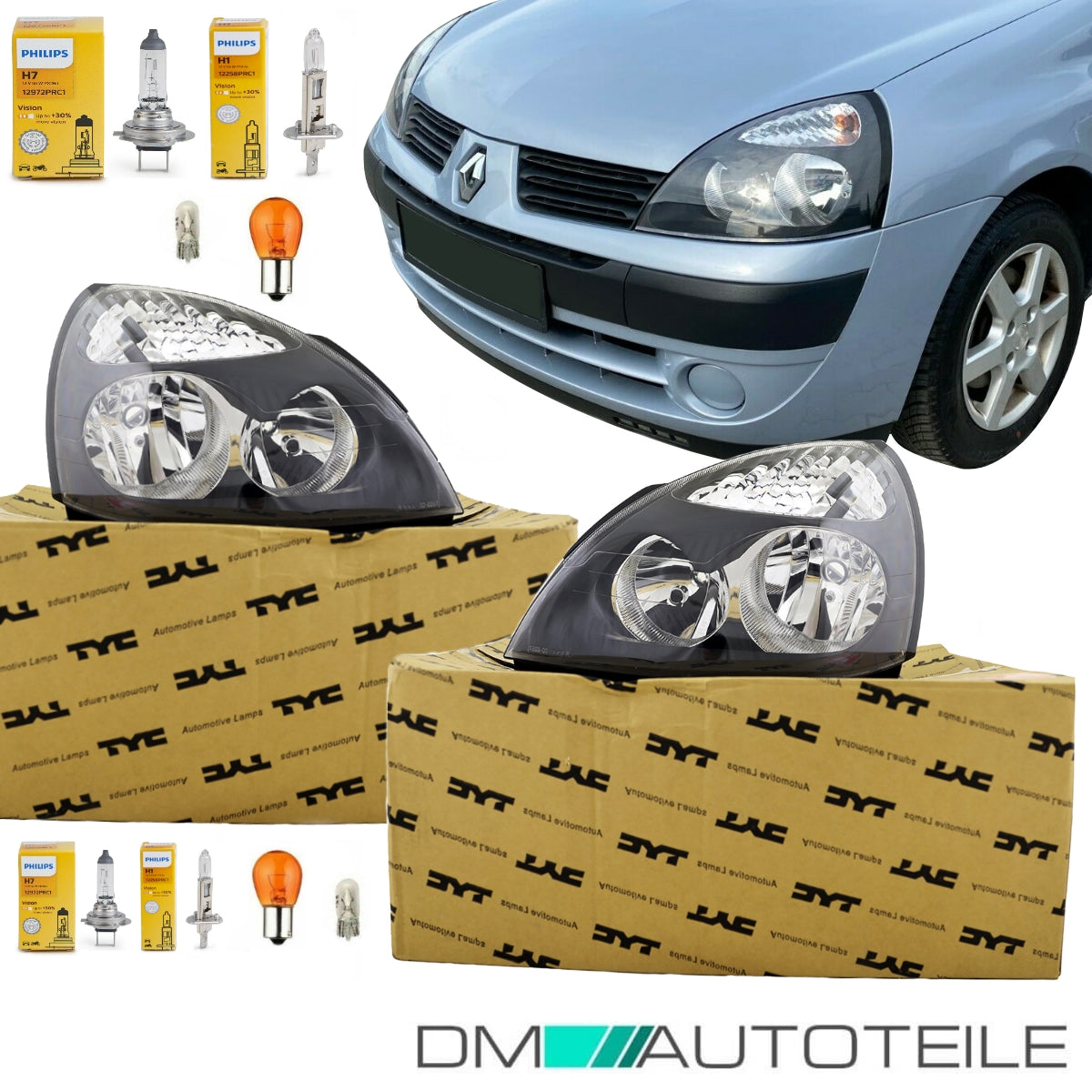 Set Renault Clio II PH2 Scheinwerfer rechts+links Schwarz Bj 01-05 H7/H1 + Birnen Komplett