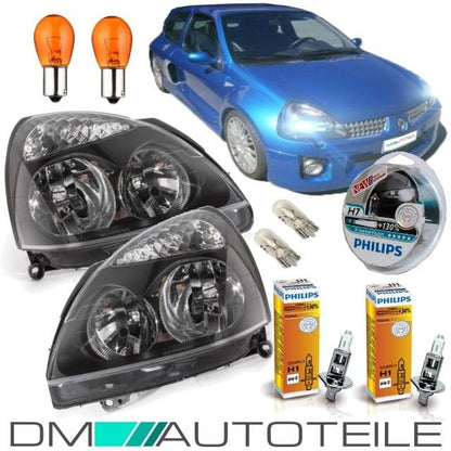 Set Renault Clio II PH2 Scheinwerfer rechts+links Schwarz Bj 01-05 H7/H1 +Philips Birnen Komplett