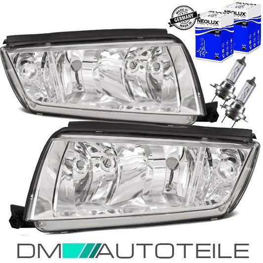 Set passt für Skoda Fabia Scheinwerfer Links Rechts H7/H3 99-07 Chrom mit H7 Birnen