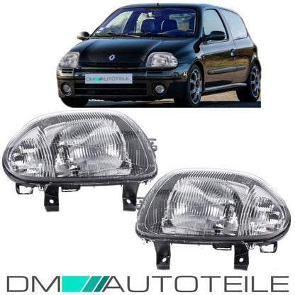 Set Renault Clio II 2 Scheinwerfer Rechts & Links Klarglas Schwarz H4 Bj 98-01