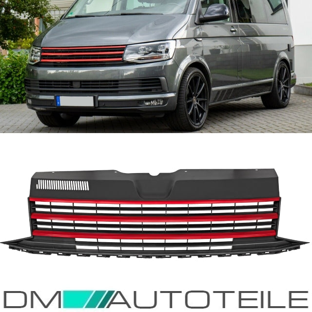 Kühlergrill für VW T6 Bj 15-19 Front Grill schwarz rot Sport Optik 3 Rippen