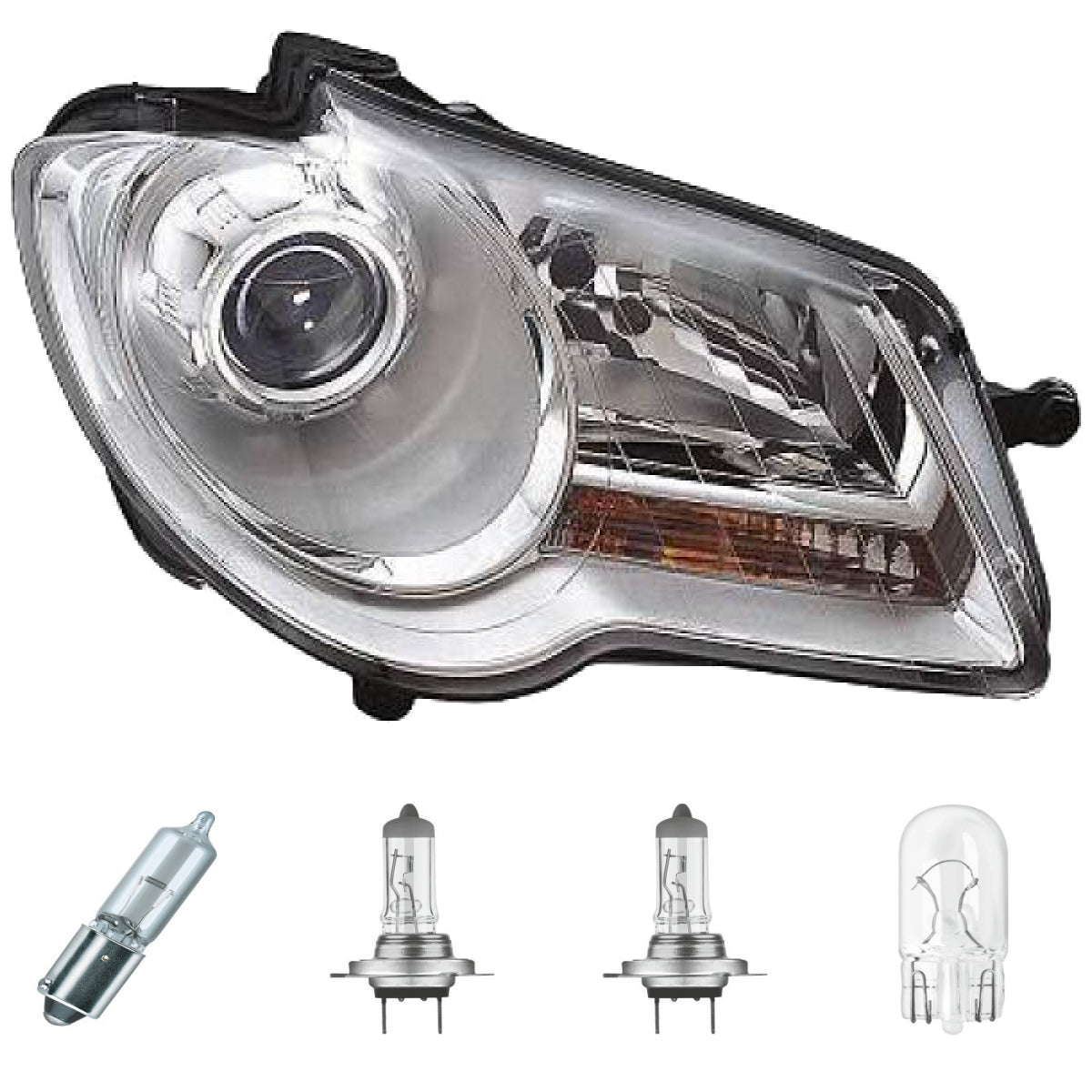 Scheinwerfer Depo H7/H7 chrom rechts passt für VW Touran (1T2) ab 06-10 inklusive Leuchtmittel/Birnen