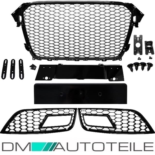 SET Kühlergrill Wabengrill + Nebelscheinwerfergitter Schwarz Hochglanz passend Audi A4 B8 11-15 + RS4