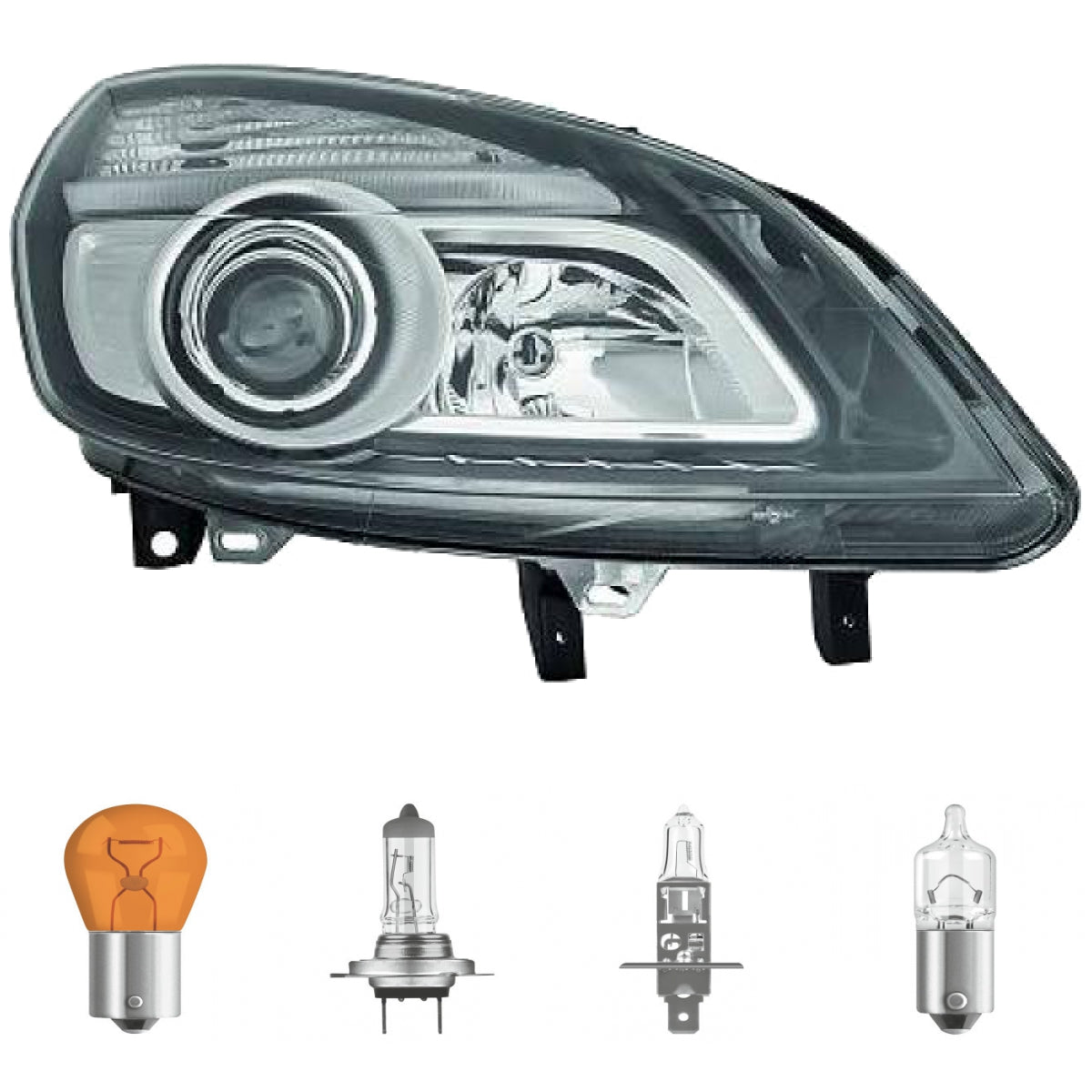 Scheinwerfer rechts chrom schwarz H7/H1 passt für Renault Scénic II bj 06-09 inklusive Leuchtmittel/Birnen