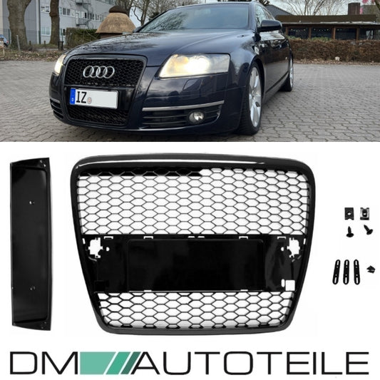 Kühlergrill Wabengrill Schwarz Hochglanz + Kennzeichenplatte passend für Audi A6 C6 Bj 04-09 RS6
