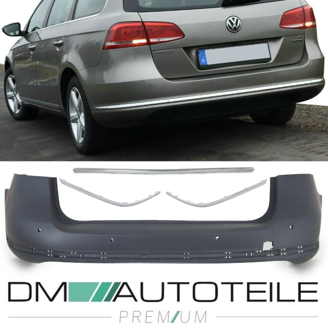 Stoßstange hinten grundiert 4x PDC + Chromleisten Set 3-teilig passt für VW Passat Variant ab 2011-2014