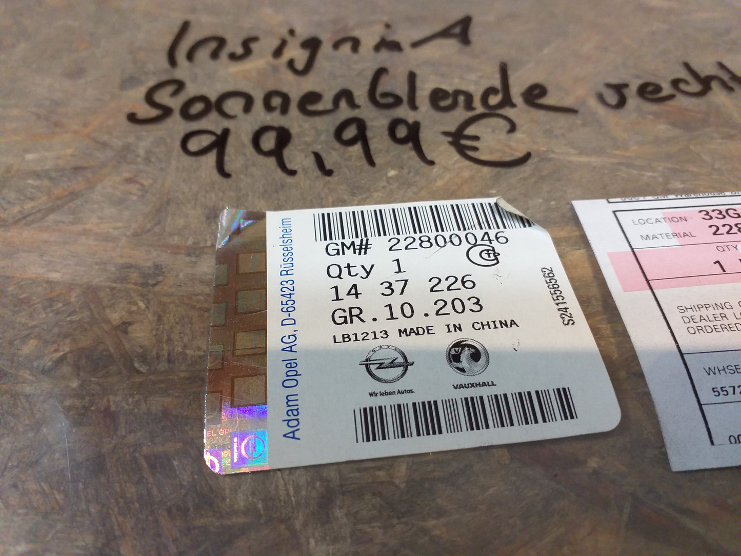 Insignia A Sonnenblende rechts original GM Opel NEU