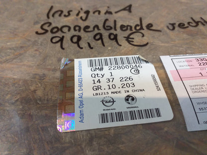 Insignia A Sonnenblende rechts original GM Opel NEU