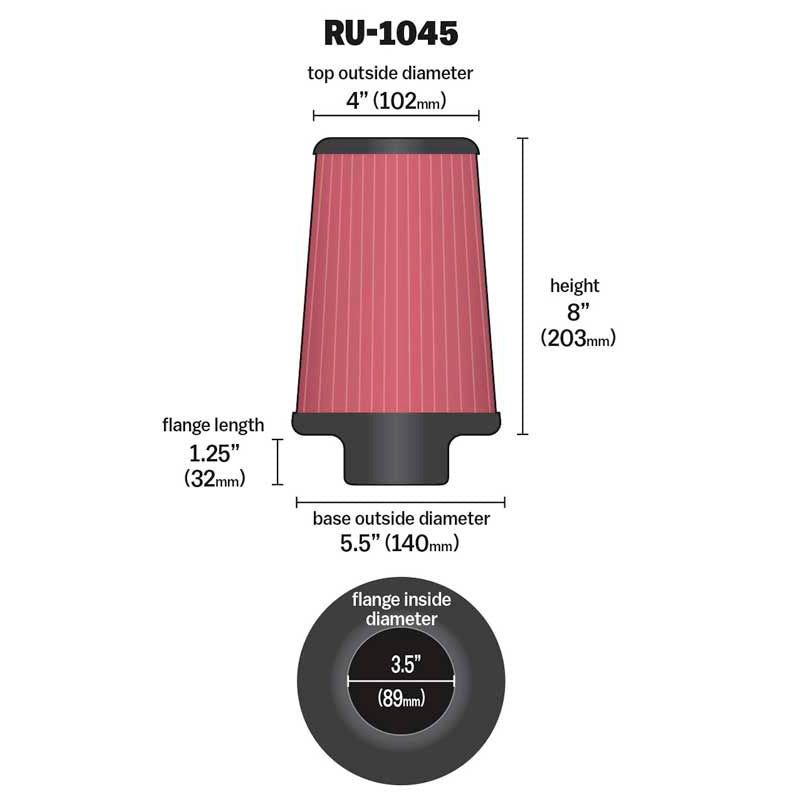 K&N Luftfilter Universal Konisch 89mm Flansch, 140mm Untendurchmesser, 102mm Obendurchmesser, 203mm Höhe (RU-1045)