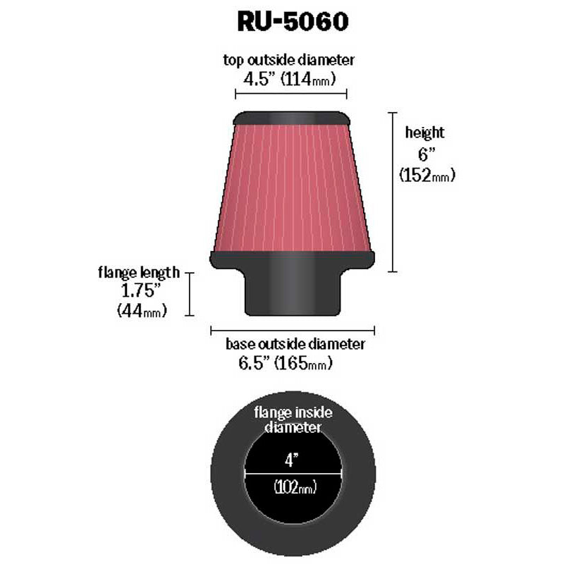 K&N Luftfilter Universal Konisch 102mm Flansch, 165mm Untendurchmesser, 114mm Obendurchmesser, 152mm Höhe (RU-5060)