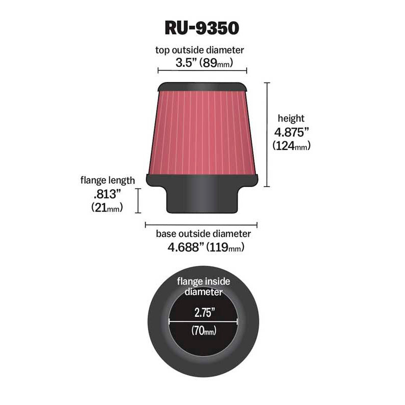 K&N Luftfilter Universal Konisch 70mm Flansch, 119mm Untendurchmesser, 89mm Obendurchmesser, 124mm Höhe (RU-9350)