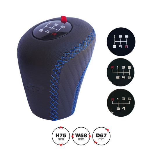 Simoni Racing Schaltknauf Slick - Schwarz Leder + Blaue Naten + 3 Muster