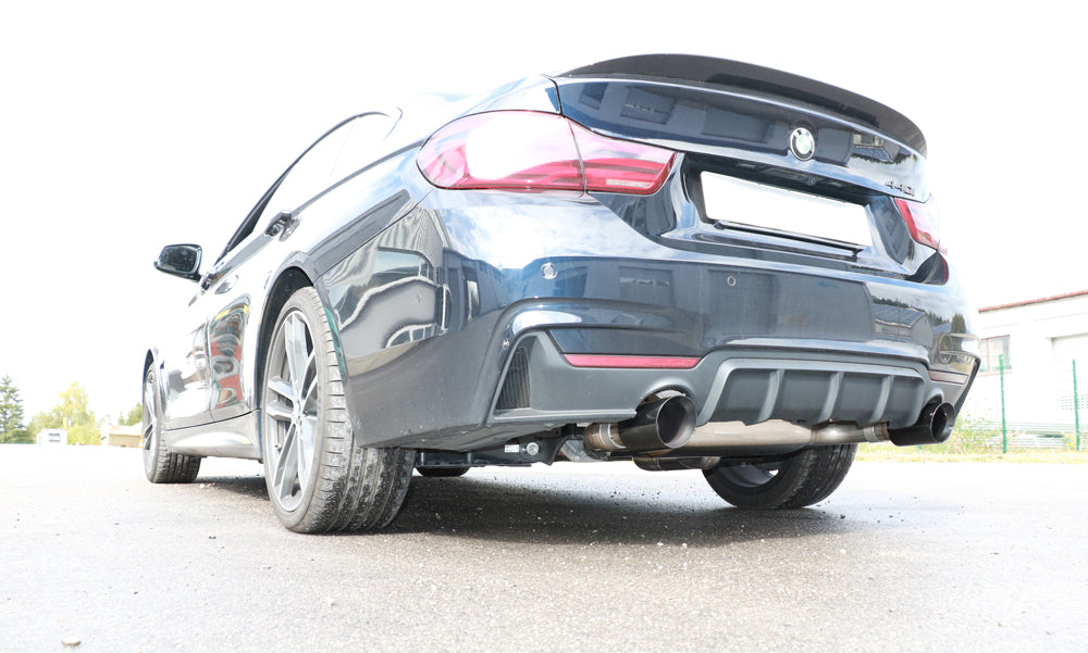 FOX BMW F36 - 440i xDrive Grand Coupe - M-Paket Endschalldämpfer quer Ausgang rechts/links - 1x100 Typ 25 rechts/links schwarz emalliert - mit Abgasklappe im linken Endrohr