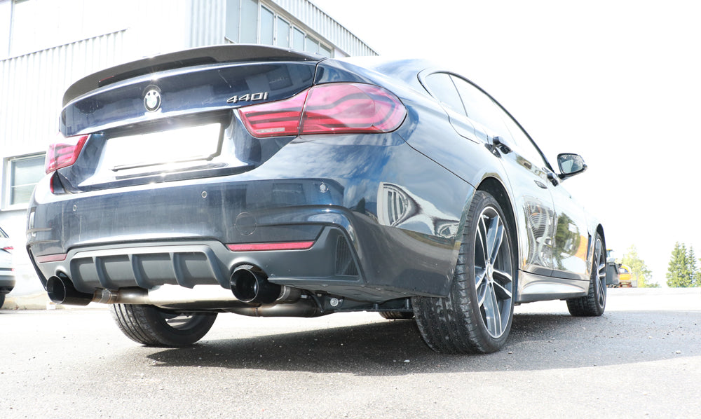 FOX BMW F36 - 440i xDrive Grand Coupe - M-Paket Endschalldämpfer quer Ausgang rechts/links - 1x100 Typ 25 rechts/links schwarz emalliert - mit Abgasklappe im linken Endrohr