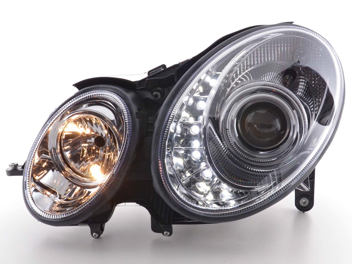 Scheinwerfer Set Daylight LED TFL-Optik Mercedes E-Klasse 211 Bj. 02-06 chrom