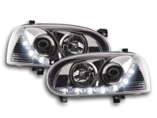 Scheinwerfer Set Daylight LED Tagfahrlicht VW Golf 3 Bj. 91-97 chrom