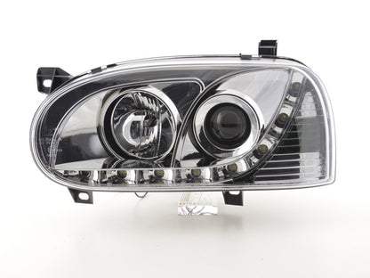 Scheinwerfer Set Daylight LED TFL-Optik VW Golf 3 Typ 1HXO 1EXO Bj. 91-97 chrom
