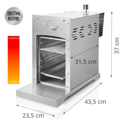 800 °C Oberhitze Gasgrill aus Edelstahl - Leistung: 3,5 KW/ 800 °C, Stufenloses regulieren, Gas-Keramikbrenner Rosthalter - Gas Niederdruckregler.