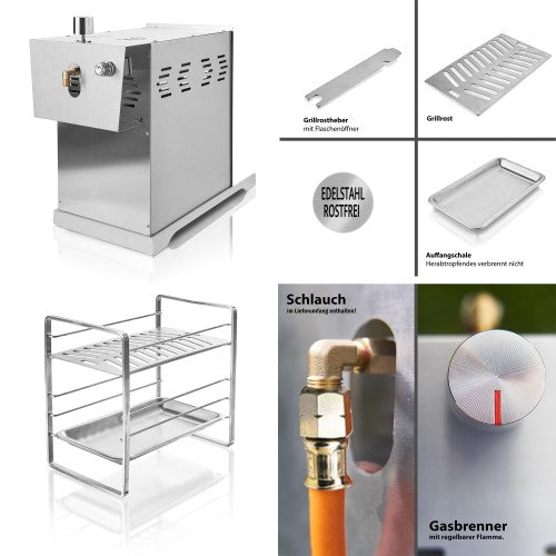 800 °C Oberhitze Gasgrill aus Edelstahl - Leistung: 3,5 KW/ 800 °C, Stufenloses regulieren, Gas-Keramikbrenner Rosthalter - Gas Niederdruckregler.