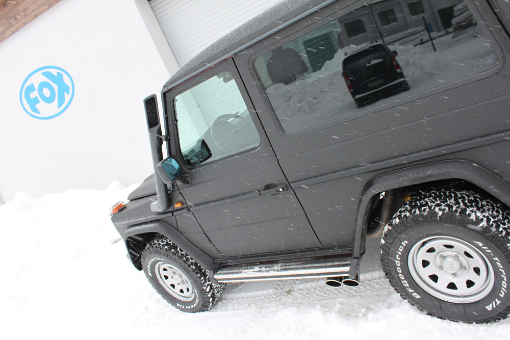 FOX Mercedes G-Klasse - 463 (mit Trittbrett) Endschalldämpfer Ausgang seitlich - 2x115x85 Typ 38 (2x nach links abgeschrägt)