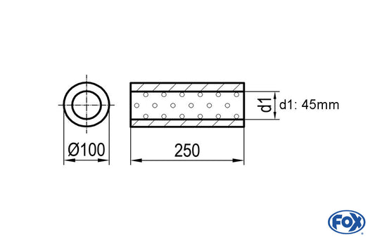 FOX Uni-Schalldämpfer rund ohne Stutzen - Abwicklung 314 Ø 100mm, d1Ø 45mm, Länge: 250mm