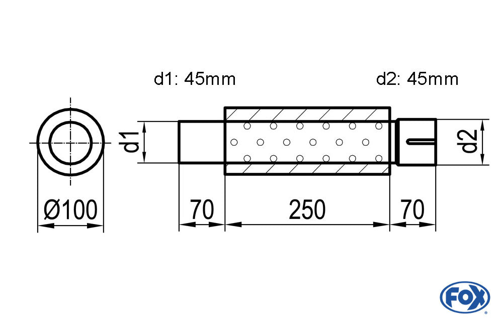 FOX Uni-Schalldämpfer rund mit Stutzen - Abwicklung 314 Ø 100mm, d1Ø 45mm  d2Ø 45,5mm, Länge: 250mm