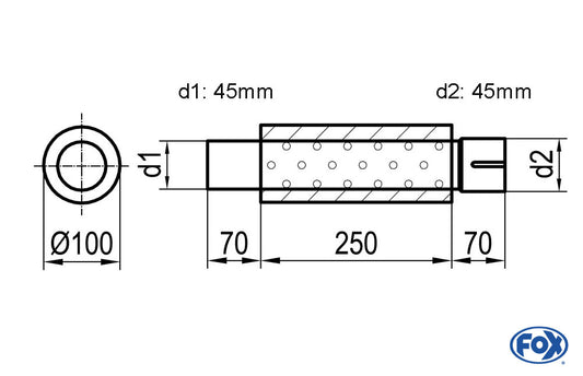 FOX Uni-Schalldämpfer rund mit Stutzen - Abwicklung 314 Ø 100mm, d1Ø 45mm  d2Ø 45,5mm, Länge: 250mm