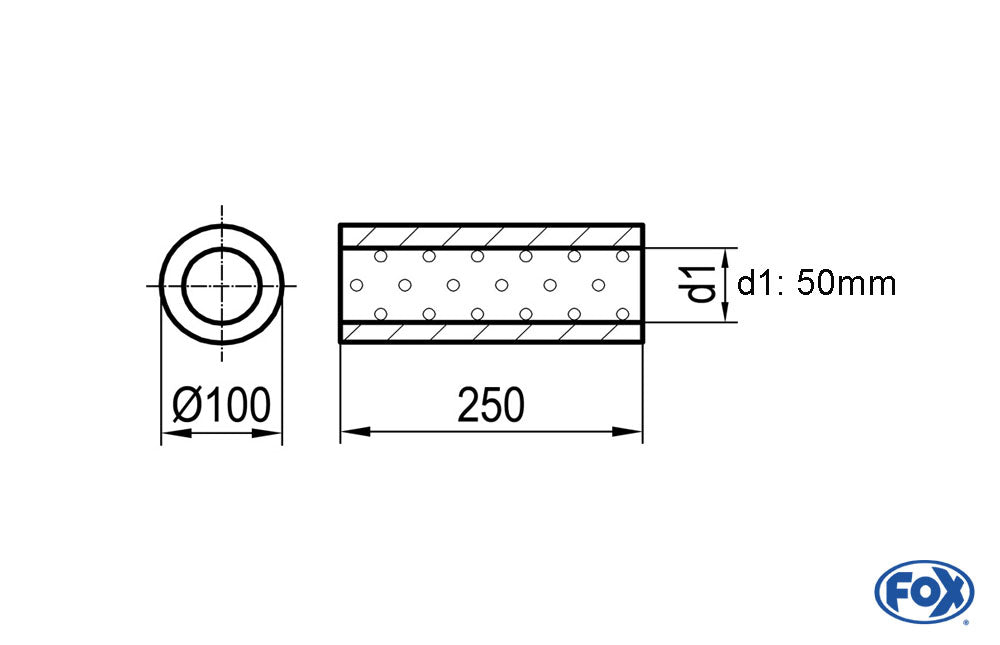 FOX Uni-Schalldämpfer rund ohne Stutzen - Abwicklung 314 Ø 100mm, d1Ø 50mm, Länge: 250mm