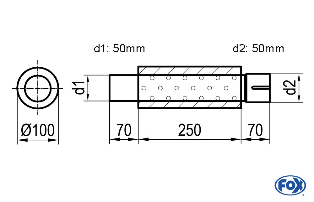 FOX Uni-Schalldämpfer rund mit Stutzen - Abwicklung 314 Ø 100mm, d1Ø 50mm  d2Ø 50,5mm, Länge: 250mm