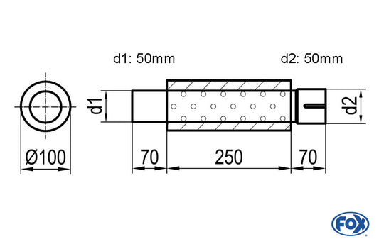 FOX Uni-Schalldämpfer rund mit Stutzen - Abwicklung 314 Ø 100mm, d1Ø 50mm  d2Ø 50,5mm, Länge: 250mm