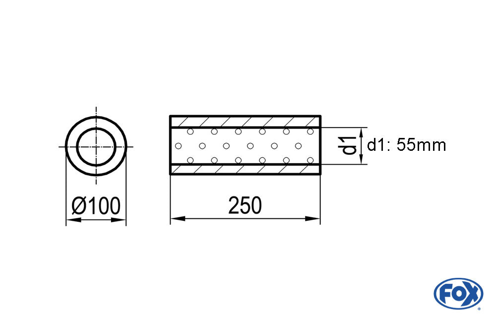 FOX Uni-Schalldämpfer rund ohne Stutzen - Abwicklung 314 Ø 100mm, d1Ø 55mm, Länge: 250mm