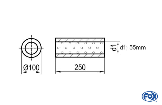 FOX Uni-Schalldämpfer rund ohne Stutzen - Abwicklung 314 Ø 100mm, d1Ø 55mm, Länge: 250mm