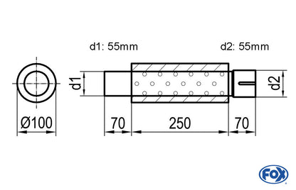 FOX Uni-Schalldämpfer rund mit Stutzen - Abwicklung 314 Ø 100mm, d1Ø 55mm  d2Ø 55,5mm, Länge: 250mm