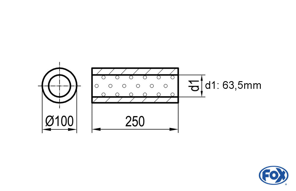 FOX Uni-Schalldämpfer rund ohne Stutzen - Abwicklung 314 Ø 100mm, d1Ø 63,5mm, Länge: 250mm