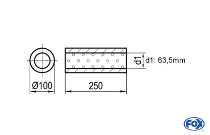 FOX Uni-Schalldämpfer rund ohne Stutzen - Abwicklung 314 Ø 100mm, d1Ø 63,5mm, Länge: 250mm