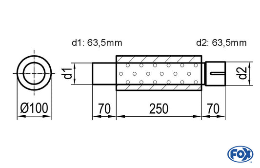 FOX Uni-Schalldämpfer rund mit Stutzen - Abwicklung 314 Ø 100mm, d1Ø 63,5mm  d2Ø 64mm, Länge: 250mm