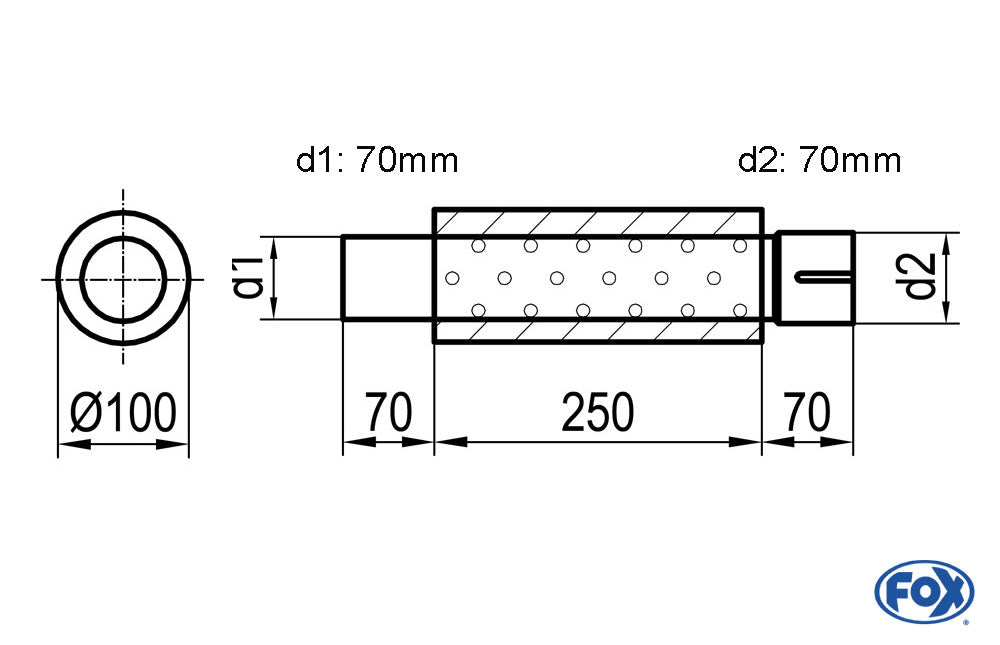 FOX Uni-Schalldämpfer rund mit Stutzen - Abwicklung 314 Ø 100mm, d1Ø 70mm  d2Ø 70,5mm, Länge: 250mm