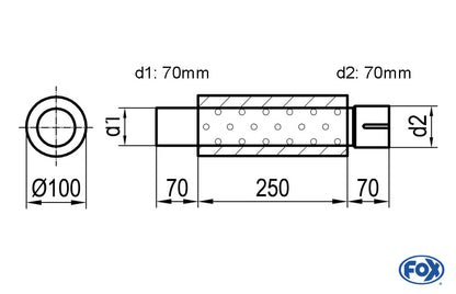 FOX Uni-Schalldämpfer rund mit Stutzen - Abwicklung 314 Ø 100mm, d1Ø 70mm  d2Ø 70,5mm, Länge: 250mm