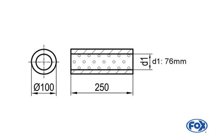 FOX Uni-Schalldämpfer rund ohne Stutzen - Abwicklung 314 Ø 100mm, d1Ø 76mm, Länge: 250mm