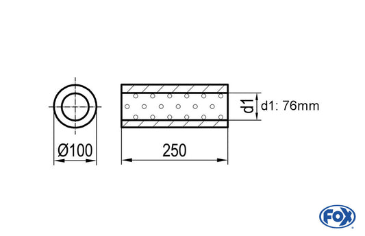 FOX Uni-Schalldämpfer rund ohne Stutzen - Abwicklung 314 Ø 100mm, d1Ø 76mm, Länge: 250mm