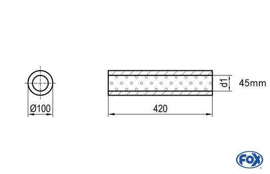 FOX Uni-Schalldämpfer rund ohne Stutzen - Abwicklung 314 Ø 100mm, d1Ø 45mm, Länge: 420mm