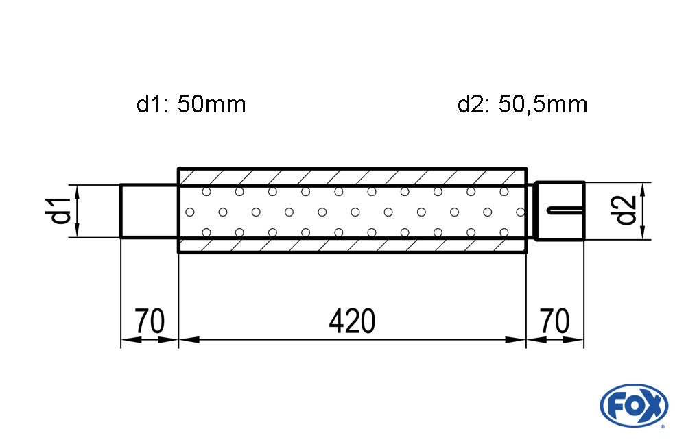 FOX Uni-Schalldämpfer rund mit Stutzen - Abwicklung 314 Ø 100mm, d1Ø 50mm  d2Ø 50,5mm, Länge: 420mm