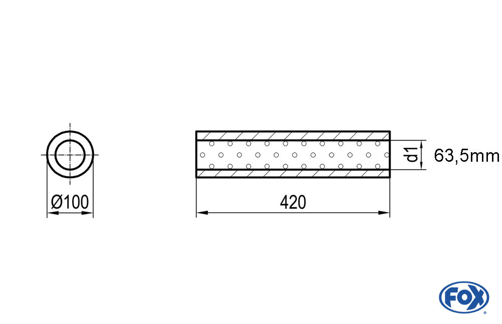 FOX Uni-Schalldämpfer rund ohne Stutzen - Abwicklung 314 Ø 100mm, d1Ø 63,5mm, Länge: 420mm