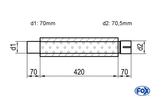 FOX Uni-Schalldämpfer rund mit Stutzen - Abwicklung 314 Ø 100mm, d1Ø 70mm  d2Ø 70,5mm, Länge: 420mm